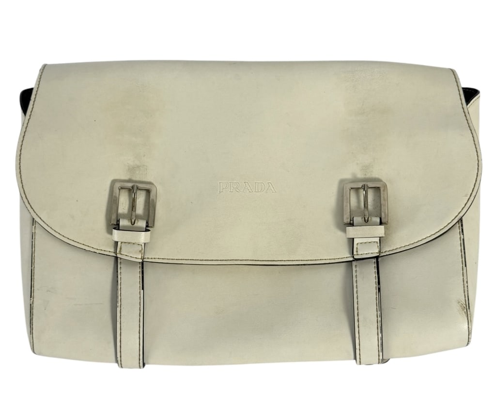 PRADA OFF-WHITE LEATHER TWIN BUCKLE SHOULDER BAG (1 of 7)