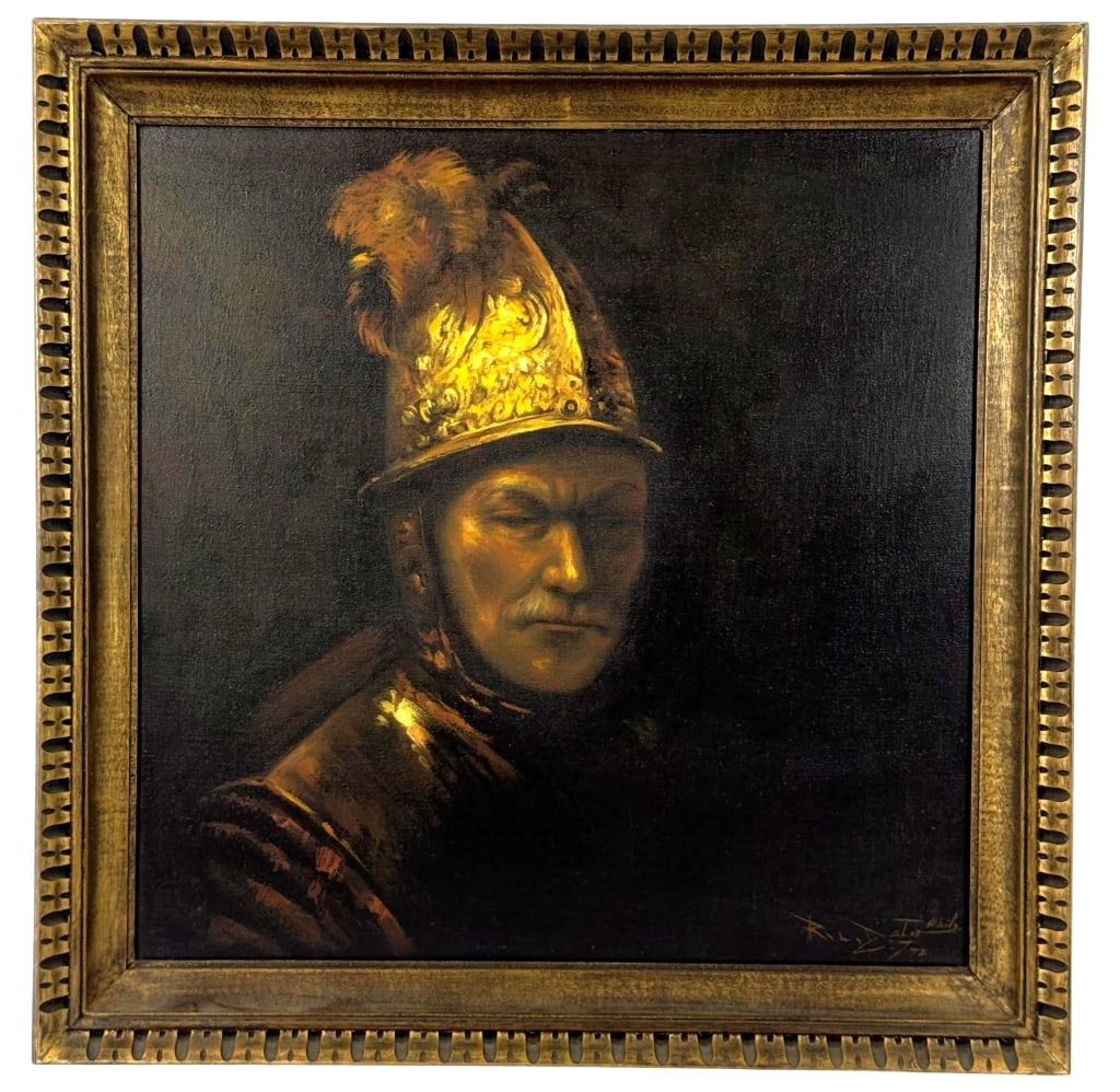 THE MAN WITH THE GOLDEN HELMET OIL PAINTING SIGNED: Mid 20th-century oil painting on canvas executed after The Man with the Golden Helmet, one of the most celebrated paintings traditionally associated with Rembrandt van Rijn (Dutch, 1606 - 1669). The c