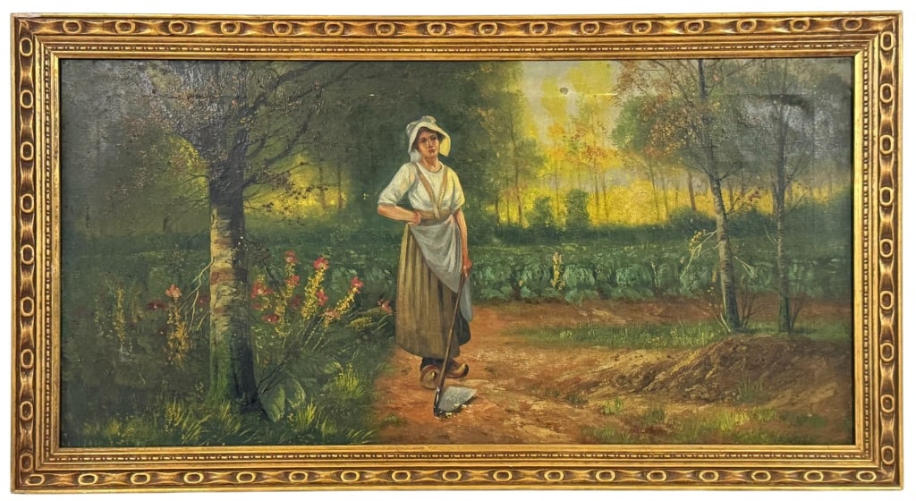 ATTRIBUTED TO FRANK DUVENECK LANDSCAPE PAINTING: Early to mid 20th-century oil painting on canvas depicting a Dutch peasant woman wearing traditional wooden clogs and a white bonnet, standing beside a garden path with a spade in hand. Lush foliage, 