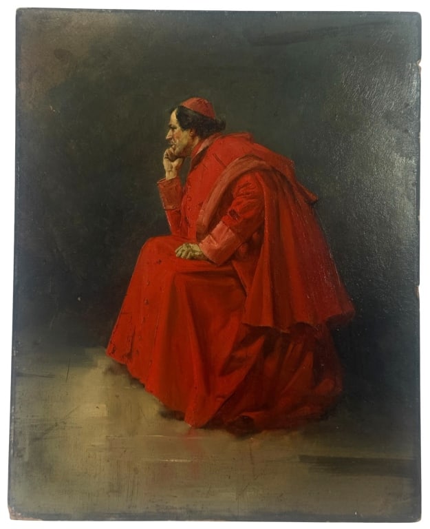 CONTINENTAL SCHOOL CARDINAL IN CONTEMPLATION: Antique oil painting on board depicting a seated Roman Catholic cardinal in profile, dressed in vibrant scarlet ecclesiastical robes and a matching biretta. The figure rests his chin thoughtfully upon