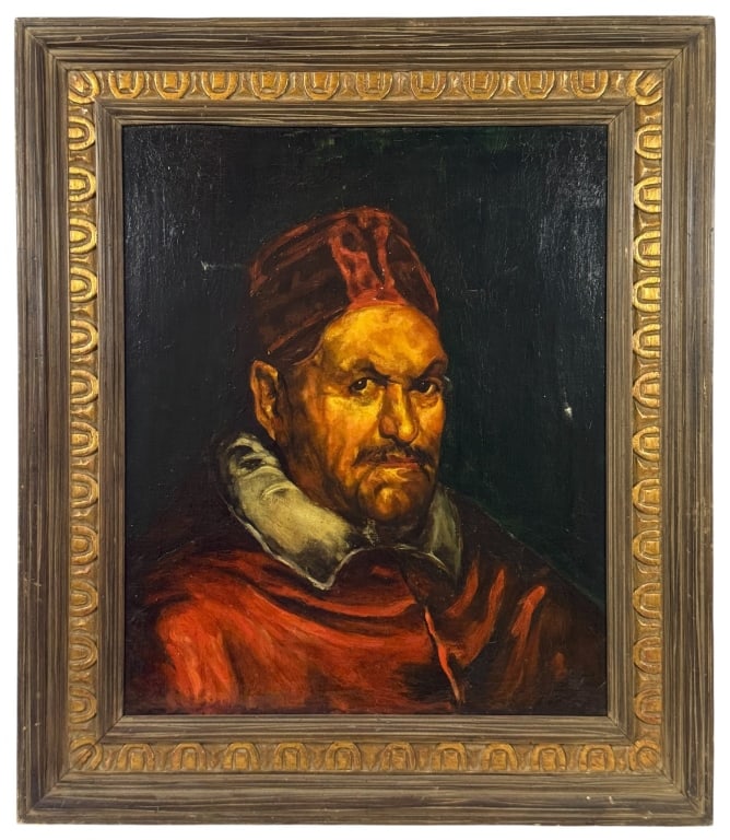 POPE INNOCENT X OIL PAINTING AFTER DIEGO VELAZQUEZ: Oil painting on canvas after Diego Velazquez's (Spanish, 1599 - 1660) celebrated Portrait of Pope Innocent X (1650), one of the most renowned portraits in Western art. The composition depicts Pope Inn