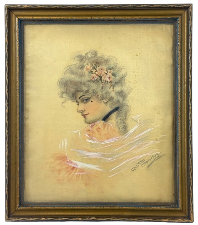 20TH C. MIXED MEDIA PORTRAIT DRAWING ARTIST SIGNED: Early to mid 20th-century mixed-media portrait depicting an elegantly dressed woman with powdered coiffure, floral accents, and period-style costume. Hand signed to the lower right corner. Presented u