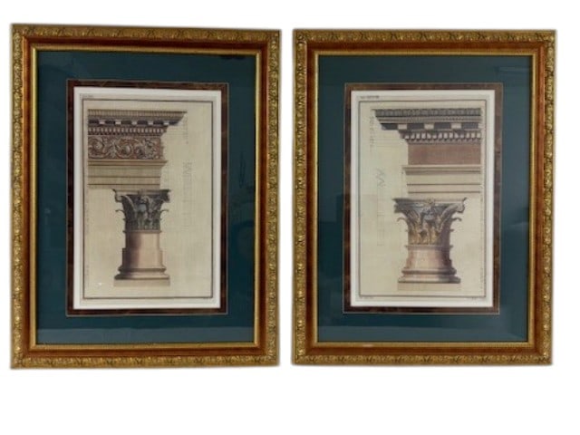 PAIR OF COLORED ARCHITECTURAL ETCHINGS ON PAPER: This pair of architectural prints consists of hand-colored etchings with engraving on paper, depicting detailed studies and drawings of Corinthian capitals and entablatures with decorative friezes. Ea