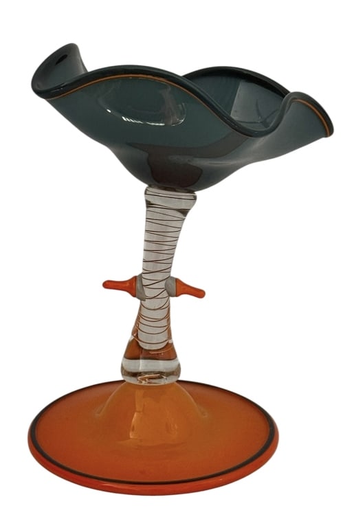 JAMES VAN DEURZEN STUDIO FLORAL GLASS SCULPTURE: James Van Deurzen (American, born 1952) Modern studio art glass figural sculpture. An abstract floral form with colorful glass in orange, gray green, and other colors. Signed underneath VAN DEURZEN 86