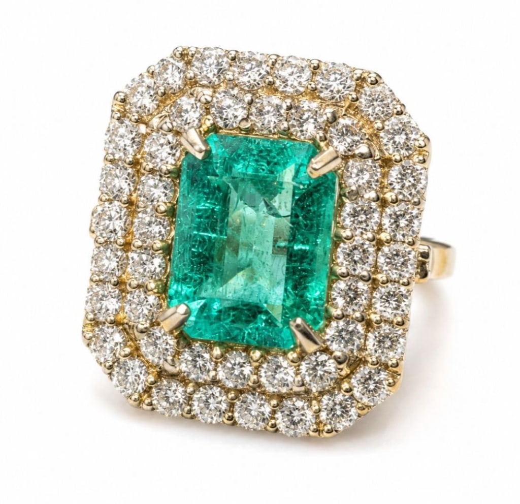 14K GOLD 2.49CT EMERALD & 1.37CT DIAMOND HALO RING: 14 karat yellow gold ring centered with a natural emerald-cut emerald beryl weighing approximately 2.49 carats, accented by a double halo of round brilliant-cut diamonds with additional diamonds exten
