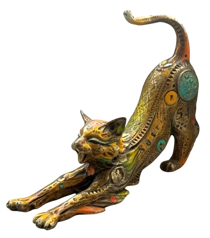 NANO LOPEZ SUZIE Q L/E BRONZE CAT SCULPTURE SIGNED: Nano Lopez (Colombian/American, born 1955) “Suzie Q” limited edition bronze figurine depicting a stretching playful cat, decorated with the artist’s characteristic textured patterns, symbols