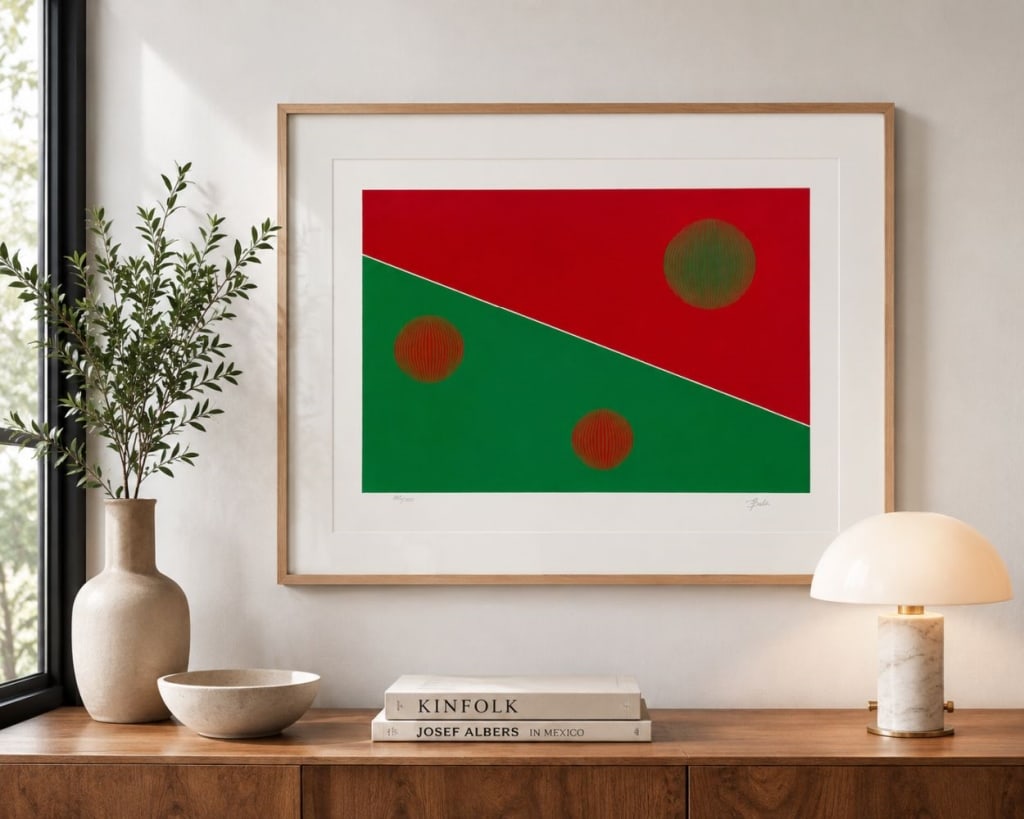 GISELA BEKER "RED AND GREEN" 1979 SERIGRAPH SIGNED: Gisela Beker (German/American, 1932 - 2015) limited-edition color serigraph on paper titled Red and Green, also known as Bauhaus (Red and Green), 1979. Featuring a geometric Op Art composition with co