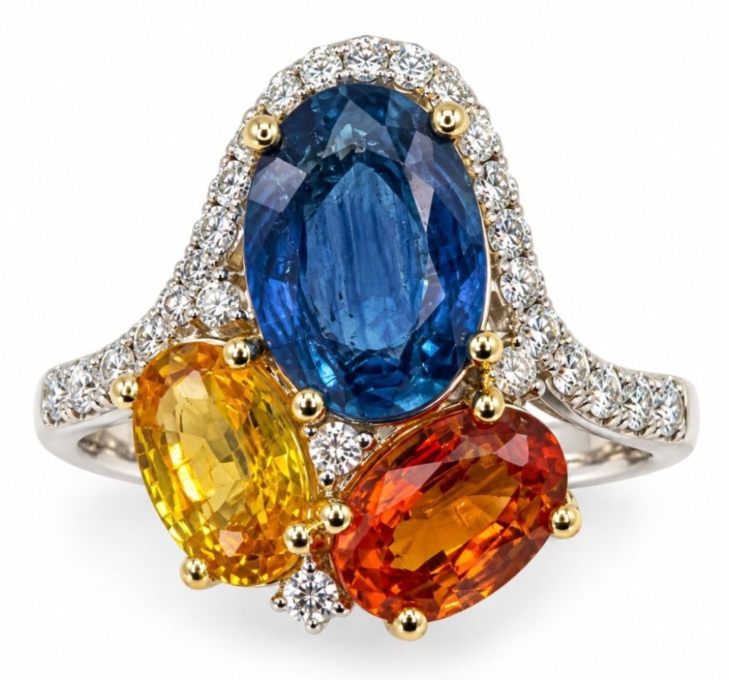 14K GOLD 4.23CT MULTICOLOR SAPPHIRE DIAMOND RING: 14 karat yellow gold custom ring set with three oval natural multicolor sapphires totaling approximately 4.23 carats, including blue, yellow, and orange stones, accented by round brilliant-cut natural