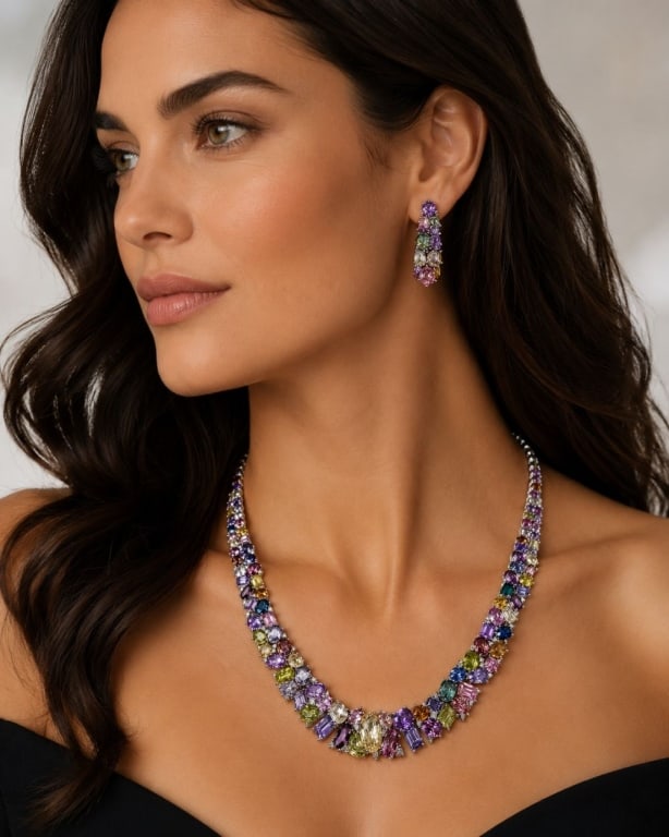 OSCAR FRIEDMAN PLATINUM MULTI SAPPHIRE NECKLACE: Oscar Friedman platinum necklace set with approximately 130 natural unheated multicolor sapphires totaling 47.33 carats and 98 round brilliant-cut diamonds totaling approximately 1.43 carats. The sapp
