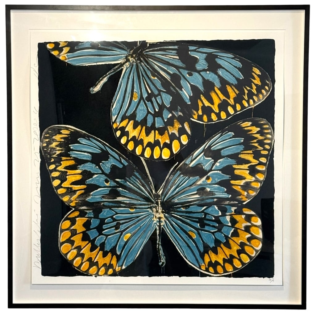 DONALD SULTAN "BUTTERFLIES, 2006" SCREENPRINT 38": Donald Sultan (American, born 1951) nineteen color screenprint on paper with flocking that depicts four monumental yellow, cream, brown, and black butterflies set against a dramatic black background. 
