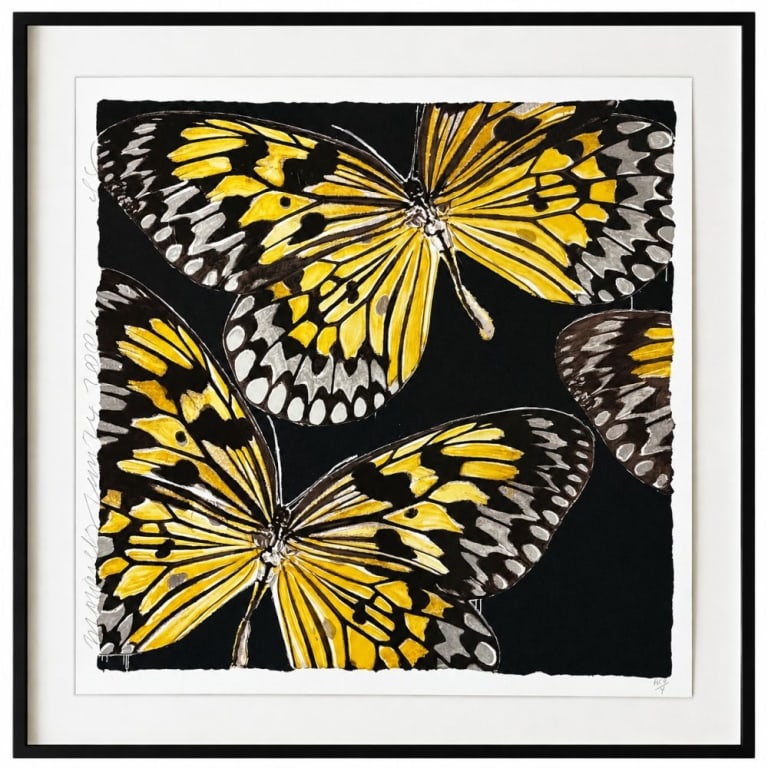 DONALD SULTAN "BUTTERFLIES, 2006" SCREENPRINT 38": Donald Sultan (American, born 1951) nineteen color screenprint on paper with flocking that depicts two vividly colored Monarch butterflies in bold graphic style against a deep black background. Titled
