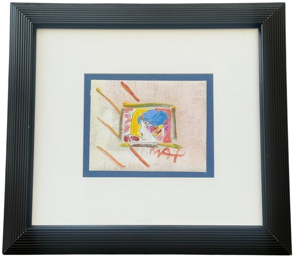 PETER MAX PROFILE FACING WEST MIXED MEDIA SIGNED: Peter Max (American/German, 1937 - 2024) mixed-media featuring a colorful stylized profile composition, executed in pen, acrylic, collage on paper laid on canvas board of a woman facing left. Hand-sig