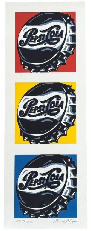 ALLISON LEFCORT “PEPSI COLA” SIGNED L/E LITHOGRAPH: Allison Lefcort (American, born 1975) limited edition color lithograph on titled Pepsi Cola. The elongated composition presents three stylized Pepsi-Cola bottle caps against bold red, yellow, and blue