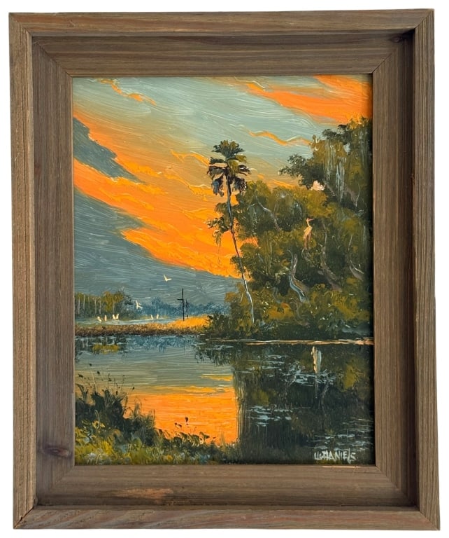 WILLIE DANIELS FLORIDA HIGHWAYMEN SUNSET PAINTING: Willie Daniels (American/Floridian, 1950 - 2021) oil painting on board depicting a Florida waterscape at sunset with palm trees, birds, dense foliage, and orange reflections, executed with visible imp