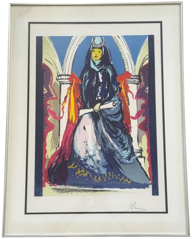 "LADY BLUE" ARTIST PROOF LITHOGRAPH AFTER SALVADOR DALI: After Salvador Dali (Spanish, 1904 - 1989) color lithograph on paper titled “Lady Blue (The High Priestess),” 1979, depicting a robed female figure beneath Gothic-style arches in a vivid palet