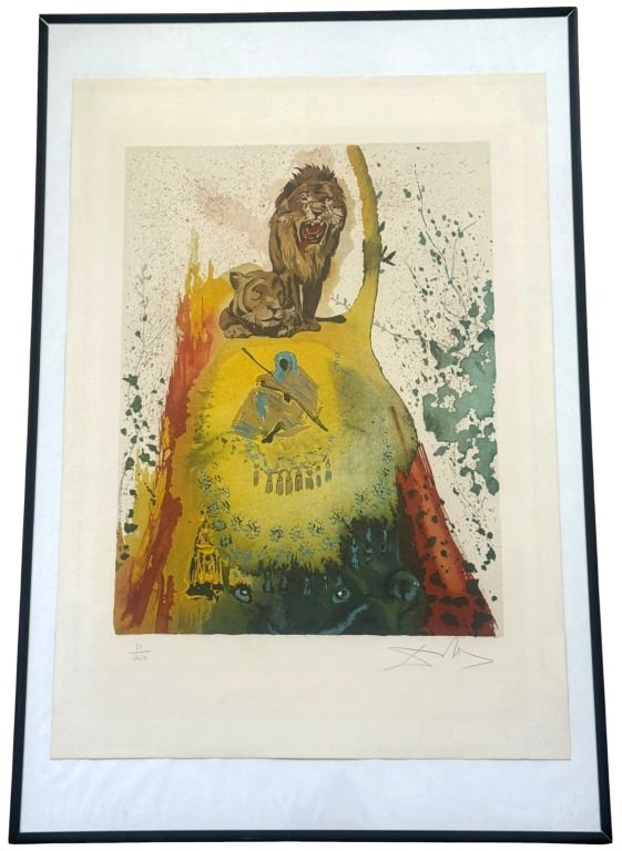 "DREAMS OF SOLOMON & SHEBA" LITHOGRAPH AFTER SALVADOR DALI: After Salvador Dali (Spanish, 1904 - 1989) limited edition color lithograph titled “Dreams of Solomon and Sheba,” featuring a surreal composition with a lion and lioness above a seated figure.