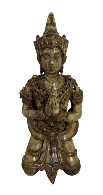 THAI THEP PHANOM WOODEN STATUE: A decorative figure of a kneeling Thepphanom, a celestial guardian being from the Thai Buddhist tradition. Carved wood with gilt, painted and lacquered decoration. MEASURES: 11 X 5 X 4.5 inches CONDIT