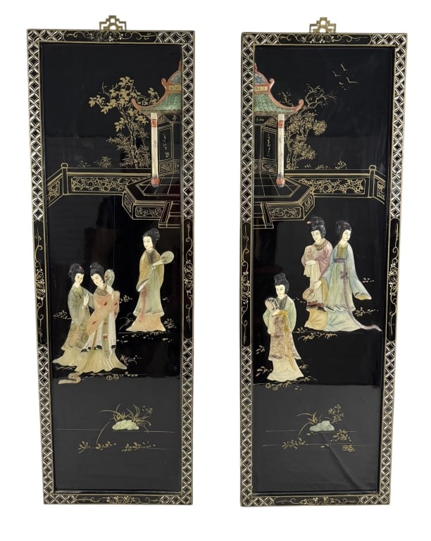 PAIR OF CHINESE BLACK LACQUER HARDSTONE PLAQUES (1 of 2)