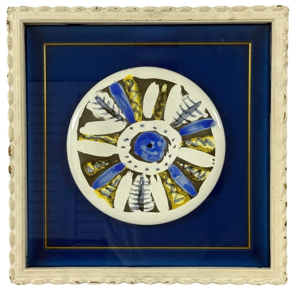 MADOURA-STYLE CERAMIC PLATE AFTER PABLO PICASSO: After Pablo Picasso (Spanish/French, 1881 - 1973) "Motif No. 66" (A.R. 472) in the manner of the Madoura Pottery workshop in Vallauris, France. The composition features Picasso's iconic abstract image