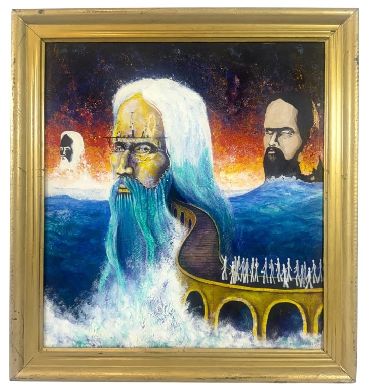 20TH C. SURREALIST CELESTIAL SEASCAPE OIL PAINTING: Mid to late 20th-century, American school oil painting on panel of a surrealist composition depicting monumental bearded figures emerging from an expansive seascape beneath a dramatic celestial sky. A
