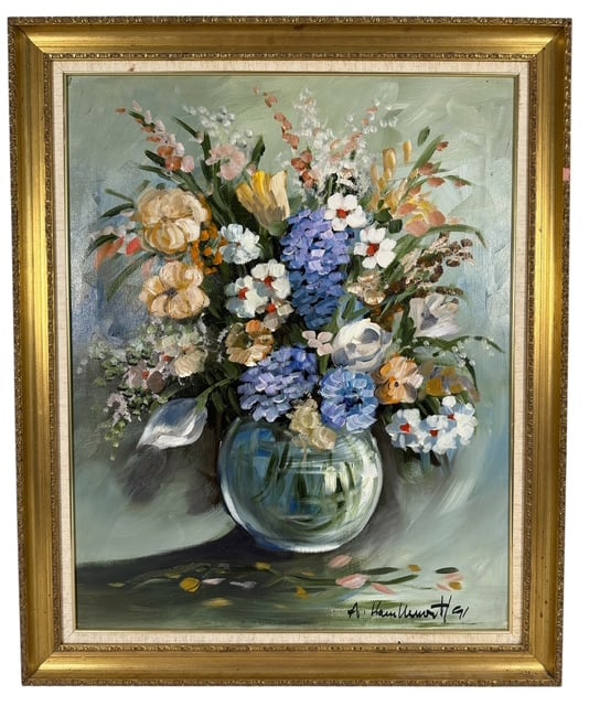 FLORAL STILL LIFE OIL PAINTING ON CANVAS: This oil on canvas painting depicts a vibrant floral still life arranged in a clear glass bowl. The work is executed in a modern impressionistic style characterized by heavy impasto and energetic, vis