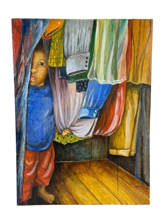 CHILD IN A CLOSET OIL PAINTING SIGNED CATHCART: This figurative painting, executed in oil or acrylic on Masonite hardboard, depicts a young child peering out from behind several layers of colorful hanging garments in a closet. The composition is re