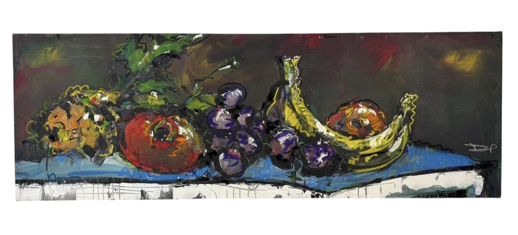 LARGE EXPRESSIONIST FRUIT STILL LIFE OIL PAINTING: Large contemporary expressionist still-life oil painting depicting an arrangement of fruit, including bananas and clusters of purple grapes, rendered in bold colors with energetic gestural brushwork a