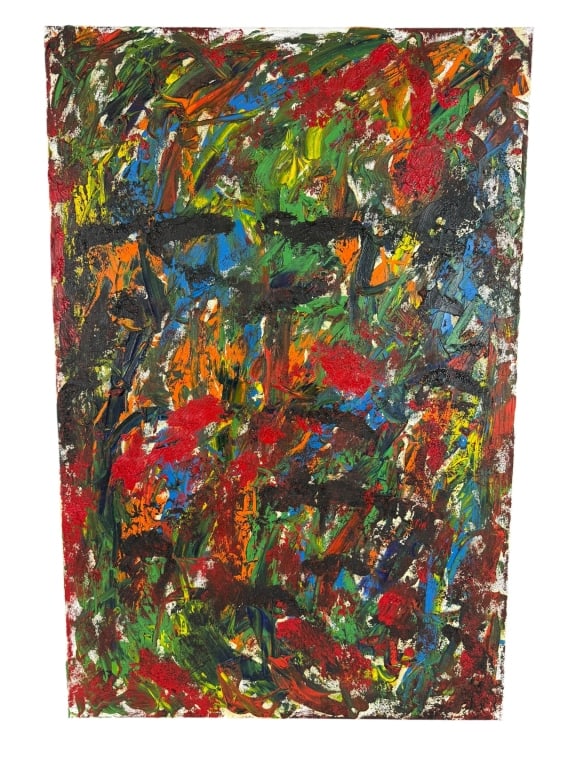 ABSTRACT EXPRESSIONIST IMPASTO COMPOSITION CANVAS: This contemporary abstract painting is executed in oil or acrylic on a stretched canvas support. The composition is characterized by a dense, all-over arrangement of energetic, gestural brushwork and 