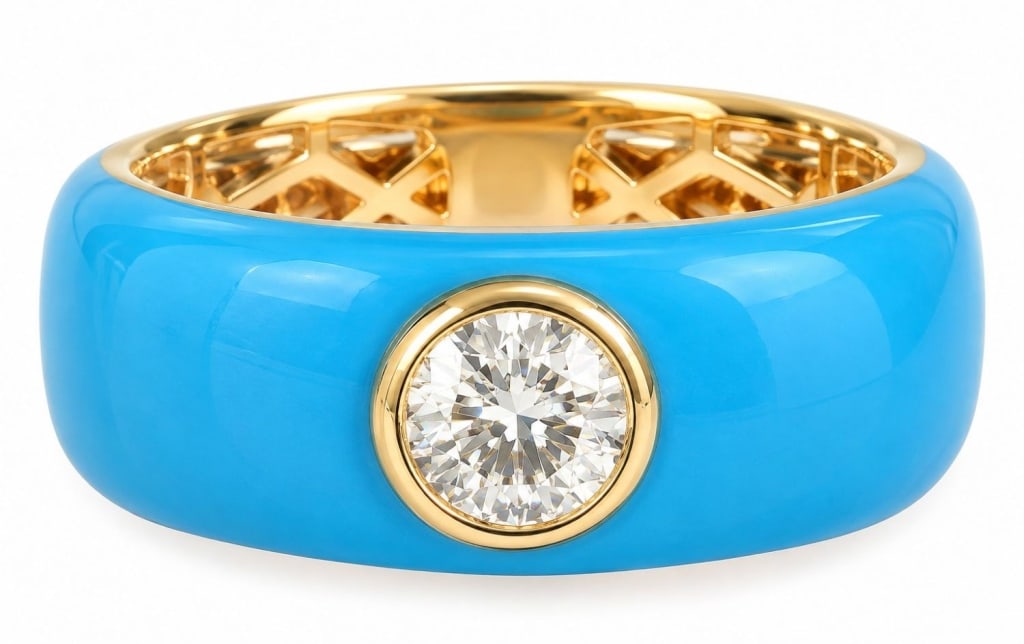 14K GOLD BLUE ENAMEL & 0.50CT DIAMOND RING 8.6G: 14 karat yellow gold wide band ring featuring sky-blue enamel and a bezel-set round brilliant-cut natural diamond weighing approximately 0.50 carat. Accompanying GemAssure appraisal grades the diamond