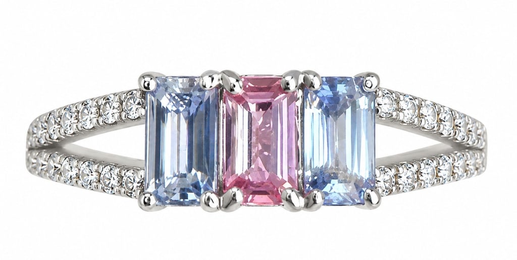 NO-HEAT MULTI-COLOR SAPPHIRE DIAMOND PLATINUM RING: Oscar Friedman ladies' platinum ring set with three emerald-cut natural sapphires totaling approximately 0.97 carats, displaying blue and pink coloration. The sapphires are accented by 32 round brilli