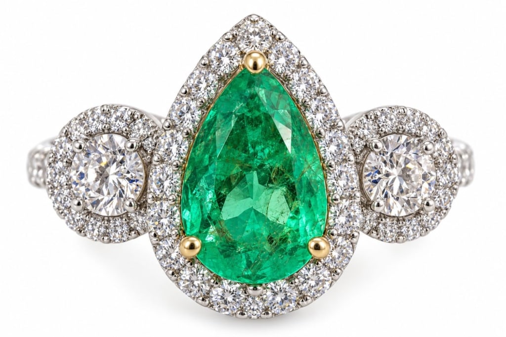 18K GOLD GIA COLOMBIAN EMERALD & DIAMOND RING 4.3G: 18 karat white and yellow gold ring centered by a pear-shaped 0.81 carat natural Colombian emerald, surrounded and flanked by round brilliant-cut diamonds totaling approximately 0.68 carat. The GIA Em
