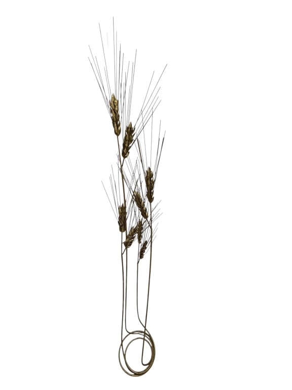 MID-CENTURY MODERN METAL WHEAT WALL SCULPTURE: Tall sculptural wall decoration constructed of welded metal rods with multiple dimensional wheat/grain heads and long radiating awns. The composition terminates in an abstract circular scrollwork base