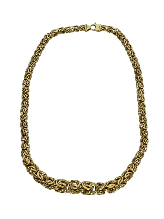 14K YELLOW GOLD BYZANTINE LINK NECKLACE 17.1 GRAMS: Attractive 14K yellow gold necklace featuring an intricate Byzantine-style interlocking link design. The closely woven polished links create a substantial dimensional appearance while maintaining flex