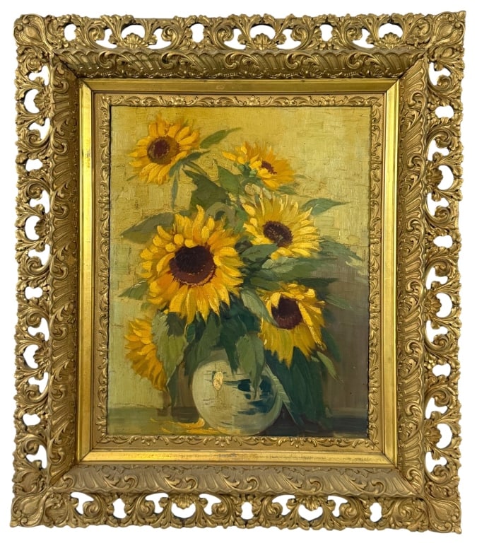 SUNFLOWERS OIL PAINTING ON BOARD AFTER VAN GOGH: 20th-century oil painting on board after Vincent van Gogh's (Belgium/France, 1853 - 1890) celebrated Sunflowers series, depicting a vibrant bouquet of blooming sunflowers arranged in a ceramic vase. E