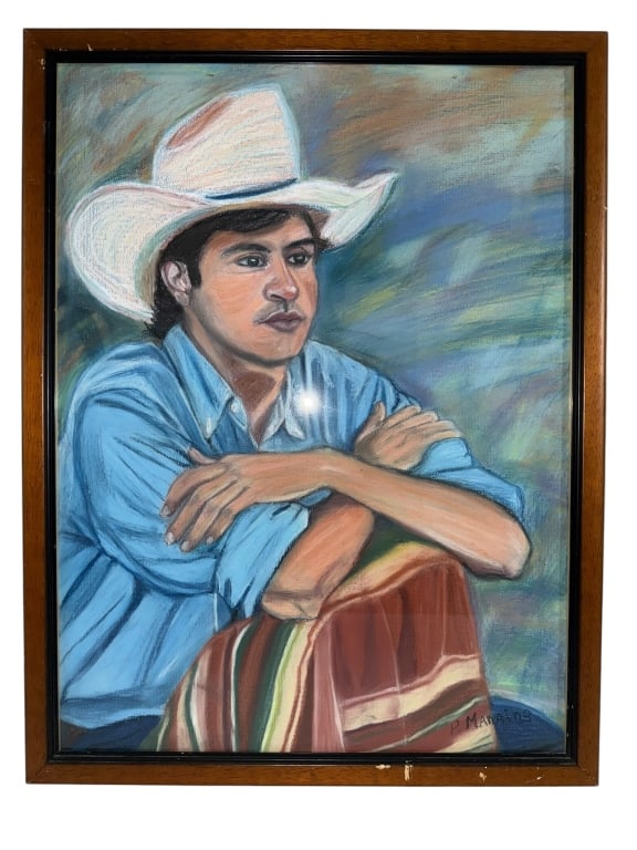 PORTRAIT OF A MAN PASTEL PAINTING SIGNED P MANNING: The figurative portrait depicts a man in Western attire, including a wide-brimmed cowboy hat and a blue button-down shirt. The subject is shown with arms crossed over a multi-colored striped textile. 