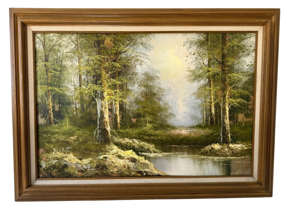 WOODED LANDSCAPE OIL PAINTING SIGNED MILLET: This 20th-century decorative landscape is an oil on canvas painting depicting a tranquil wooded scene with slender, light-barked trees surrounding a calm body of water. The work is executed in a repre