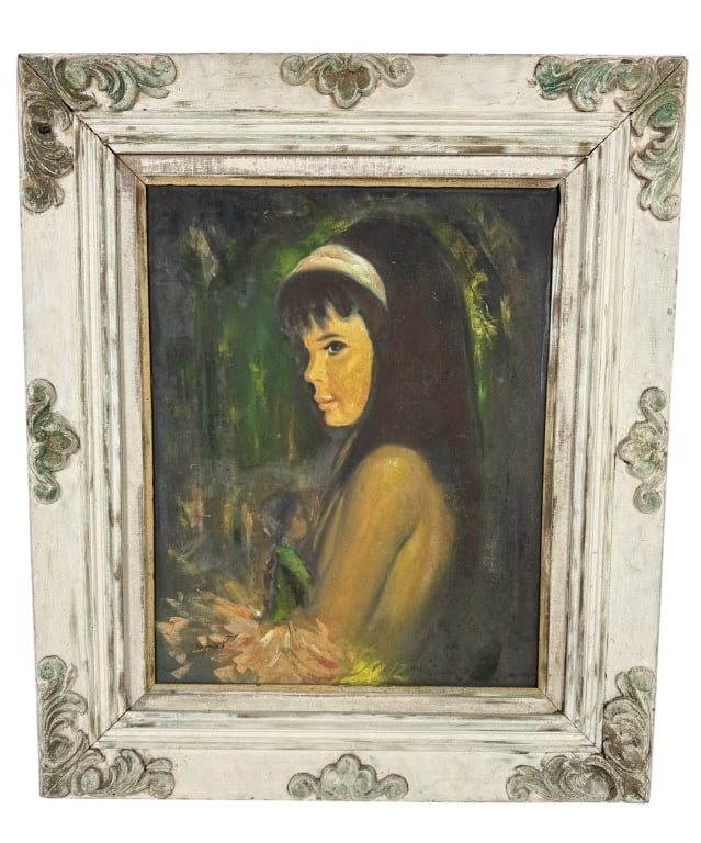 PORTRAIT OF A YOUNG WOMAN WITH A DOLL OIL PAINTING: This mid-20th century oil painting on canvas depicts a young woman with long dark hair wearing a white headband, appearing to cradle a small doll or figure. The work is executed in a stylized, illustr