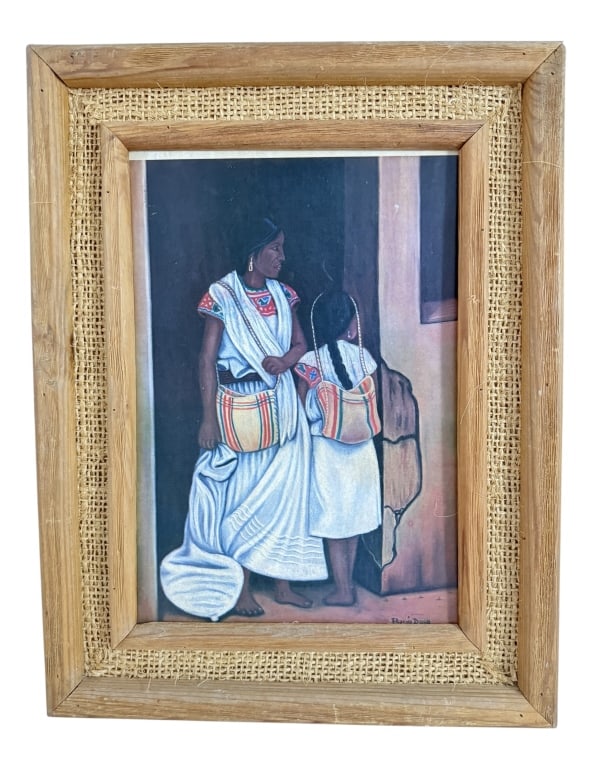 INDIGEOUS WOMAN, CHILD OIL PAINTING SIGNED BUSSO: The work depicts an indigenous woman and child in traditional attire, standing before a doorway in a style characteristic of mid-20th-century Mexican Indigenismo. The subjects are shown in white garme