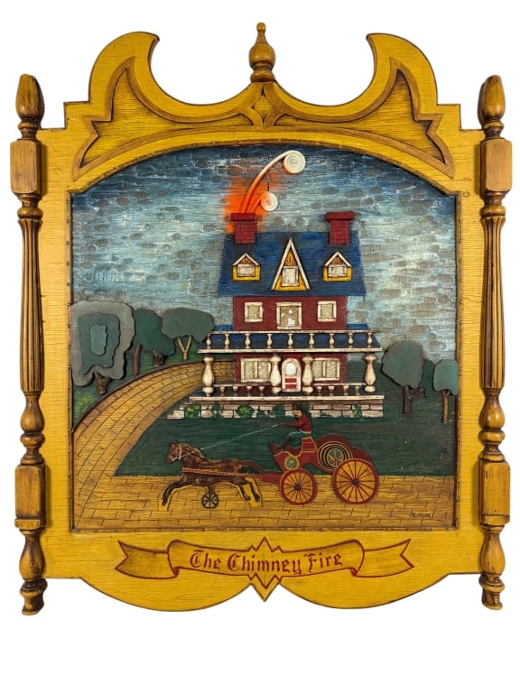 FOLK ART PAINTED WOOD RELIEF BY RICHARD OLSON: n American folk art carved and painted wood relief plaque titled The Chimney Fire by artist Richard Olson. The central composition features a multi-story house constructed with blue and red painted wo