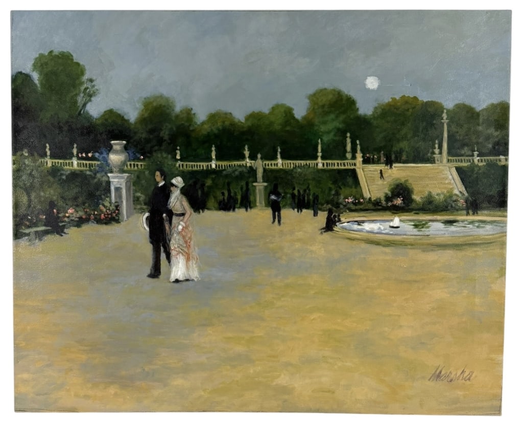 IN THE LUXEMBOURG GARDENS OIL PAINTING STEINBERG: This oil on canvas painting by Marsha Steinberg is a contemporary study and homage to John Singer Sargent's 1879 work, In the Luxembourg Gardens. The composition depicts a leisurely park scene in a la