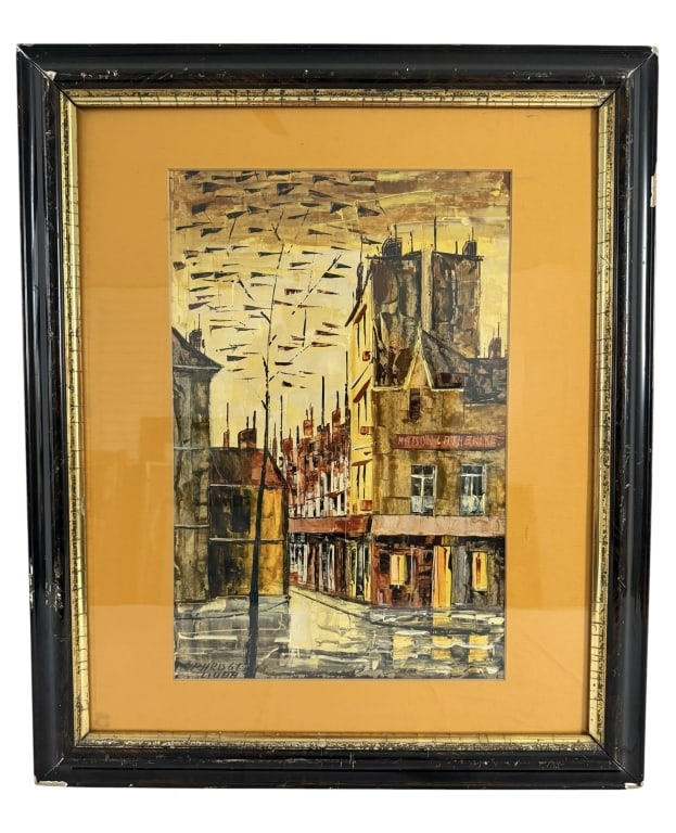 PARISIAN STREET SCENE OIL PAINTING SIGNED LIUBA: This mid-century oil on board painting depicts a wet Parisian street scene, featuring the recognizable facade of the Maison Catherine in Montmartre. The work is executed in a stylized expressionist ma