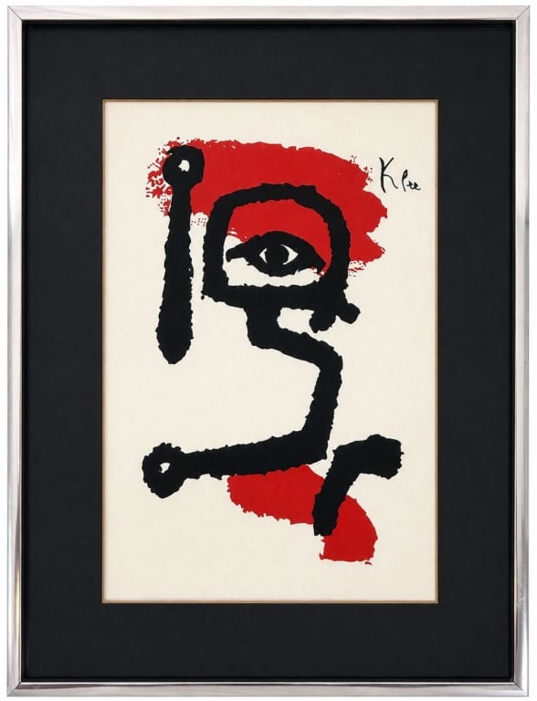 AFTER PAUL KLEE "DER PAUKENSPIELER" COLOR LITHOGRAPH: After Paul Klee (Swiss/German, 1879 - 1940) offset color lithograph on paper titled "Der Paukenspieler" (The Drummer). Depicting a highly stylized abstract figure rendered in bold black calligraphic f