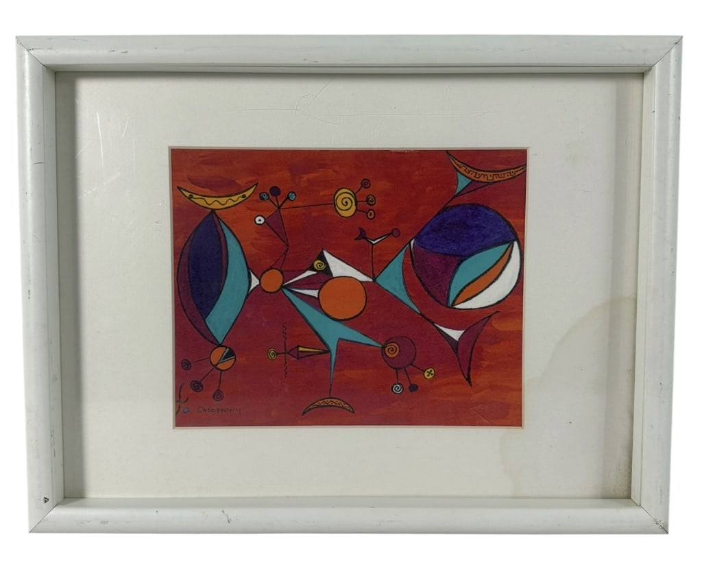 'ZEPHYR BIRD' PAINTING ON PAPER SIGNED CACOPHONY: This painting is a hand-executed composition Zephyr Bird signed Cacophony. The abstract composition features biomorphic and geometric forms rendered in a vibrant palette of orange, turquoise, purple, 