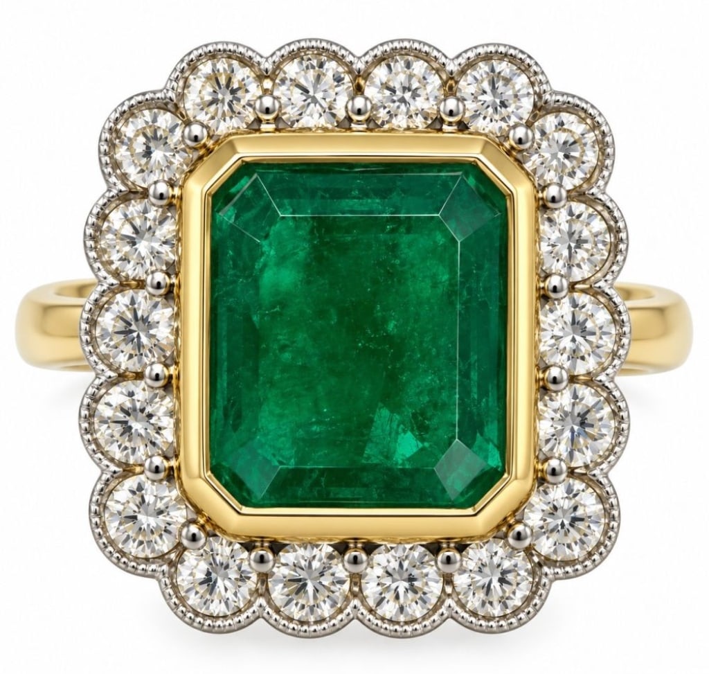 18K YELLOW GOLD 2.42 CT EMERALD & DIAMOND RING: 18 karat yellow gold custom-made ladies’ emerald and diamond ring centered by an approximately 2.42-carat emerald-cut natural emerald, bezel-set within a decorative diamond surround. Set with 20 rou