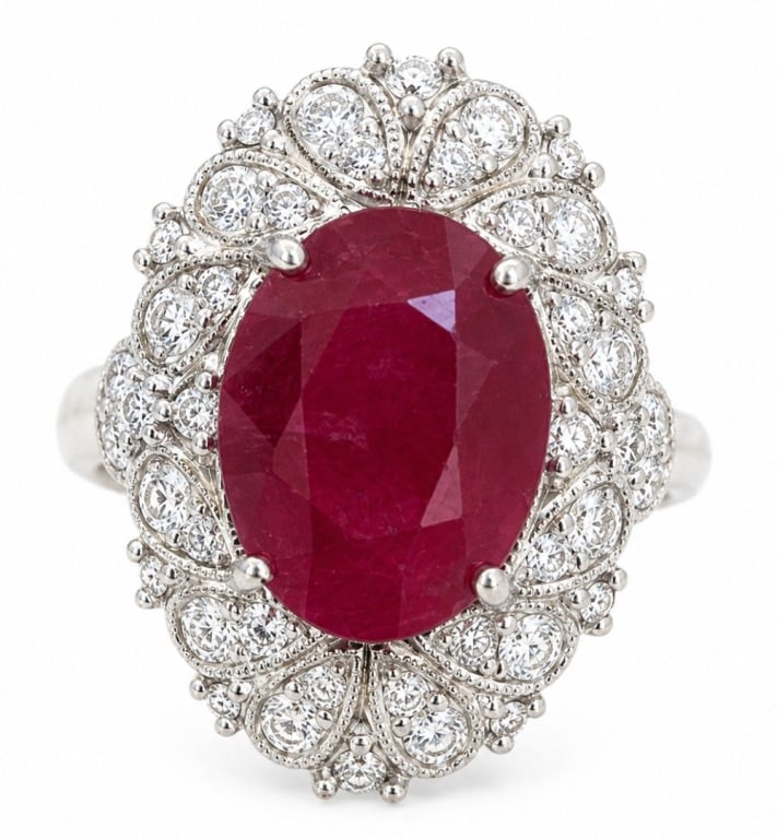 GIA 3.95 CT BURMESE RUBY & DIAMOND PLATINUM RING: Platinum ring centered by an oval natural Burmese ruby corundum weighing approximately 3.95 carats and measuring 11.48 x 8.29 x 4.97 mm, surrounded by approximately 0.82 total carats of round brillian