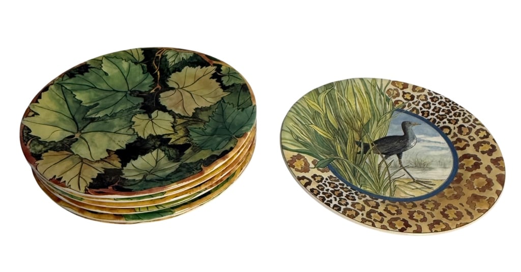 7 GIEN FRANCE FEUILLAGE SAVANES DINNER PLATES: Collection of seven Gien France glazed faience plates featuring richly colored botanical and wildlife designs. The group includes examples from Gien's Feuillage and Savanes patterns.The six Feuillage 