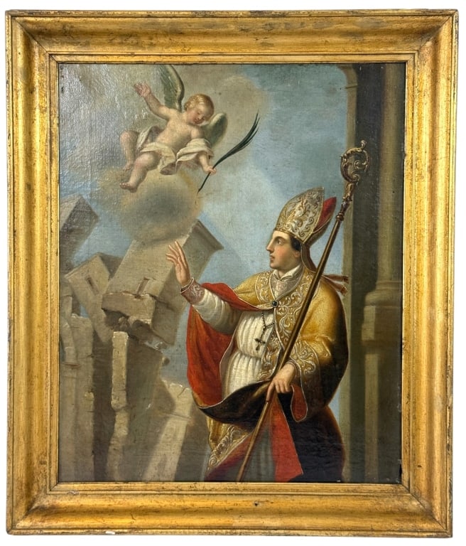 SAINT EMYGDIUS OIL PAINTING AFTER GUIDO RENI: Antique oil on canvas depicting Saint Emygdius (Emidio), the patron saint invoked for protection against earthquakes, executed after a composition by the celebrated Italian Baroque painter Guido Reni 