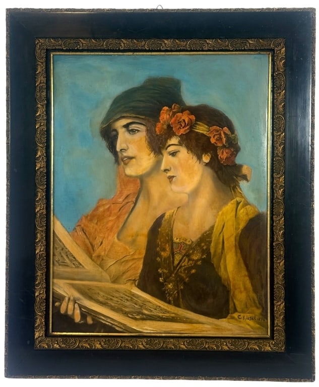 THE RECITAL OIL PAINTING AFTER CONRAD KIESEL: 20th-century oil painting on board after Conrad Kiesel's (German/American, 1846 - 1921) celebrated composition titled The Recital, depicting two elegantly dressed young women studying or performing fr