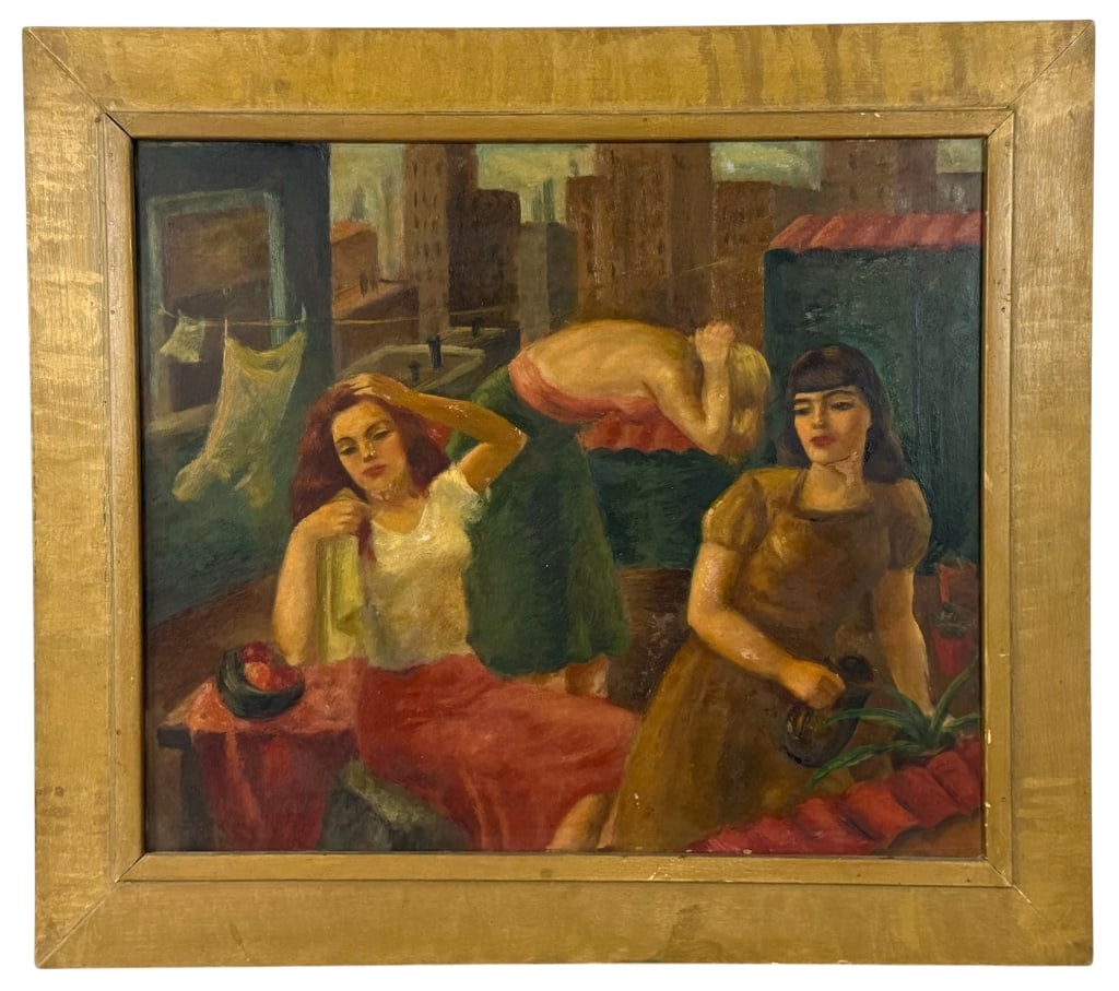 AMERICAN SCHOOL MID-CENTURY URBAN OIL PAINTING: Mid-century oil painting on canvas board depicting three women engaged in everyday activities atop adjoining urban rooftops against a backdrop of city buildings. Executed in a modernist style recallin