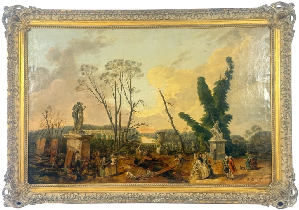 VIEW OF THE TAPIS VERT AT VERSAILLES OIL PAINTING: Turn of the century oil painting on canvas depicting an elegant garden landscape inspired by Claude Lorrain's France/Italy, 1600 - 1680) classical compositions and the famed Tapis Vert at the Gardens 